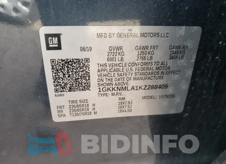 1GKKNMLA1KZ288409 Photo# 10