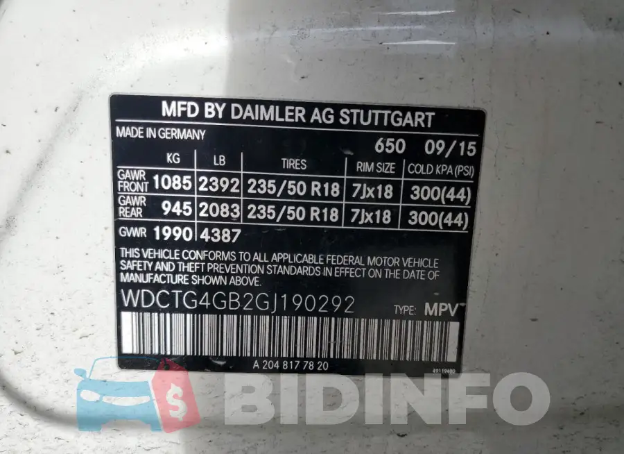 WDCTG4GB2GJ190292 Photo# 13