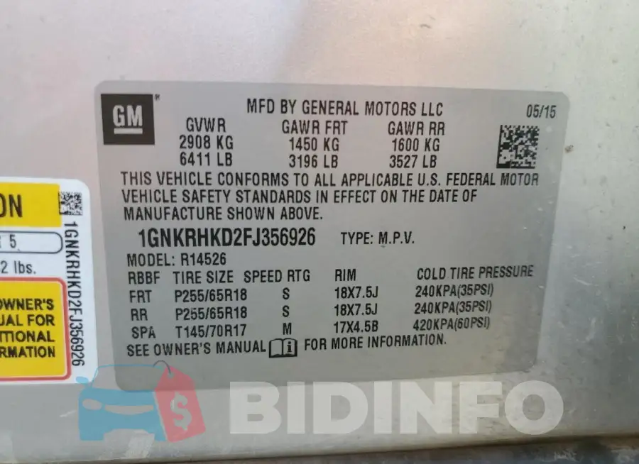 1GNKRHKD2FJ356926 Photo# 13