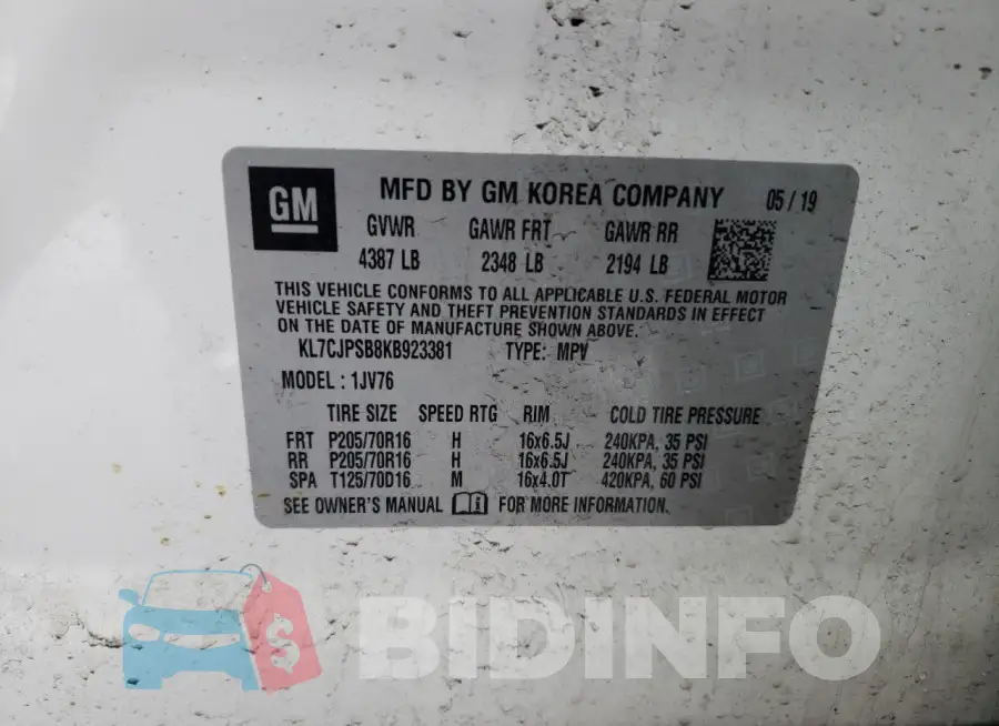 KL7CJPSB8KB923381 Photo# 13