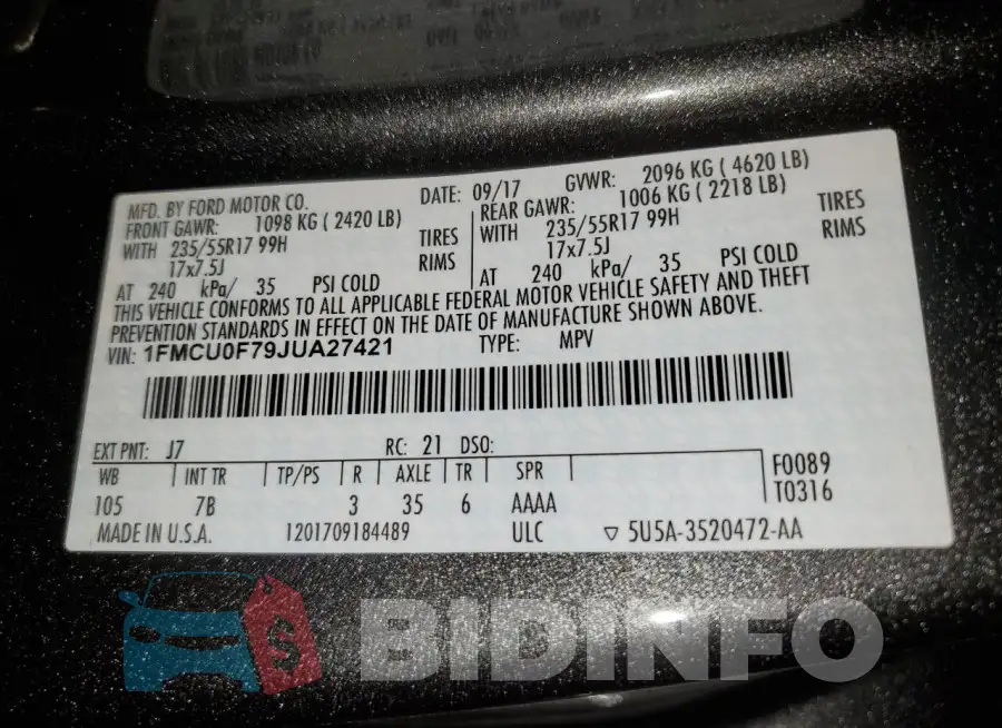 1FMCU0F79JUA27421 Photo# 14