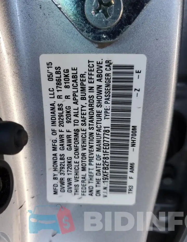 19XFB2F81FE077781 Photo# 12
