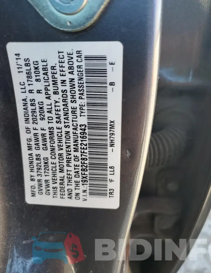 19XFB2F87FE216943 Photo# 12