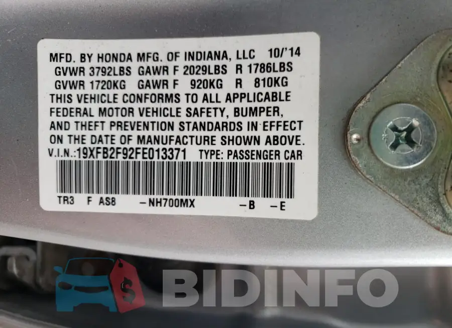 19XFB2F92FE013371 Photo# 12