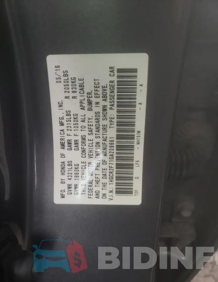 1HGCR2F71GA209661 Photo# 12