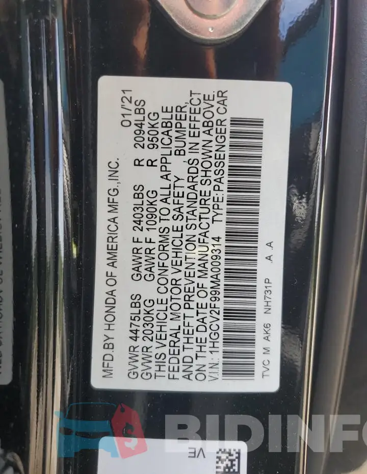 1HGCV2F99MA009314 Photo# 12