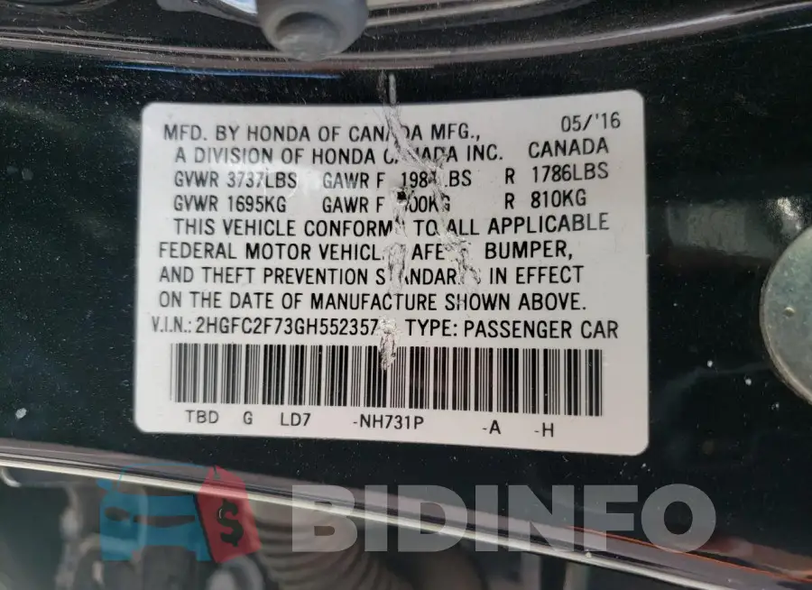 2HGFC2F73GH552357 Photo# 12