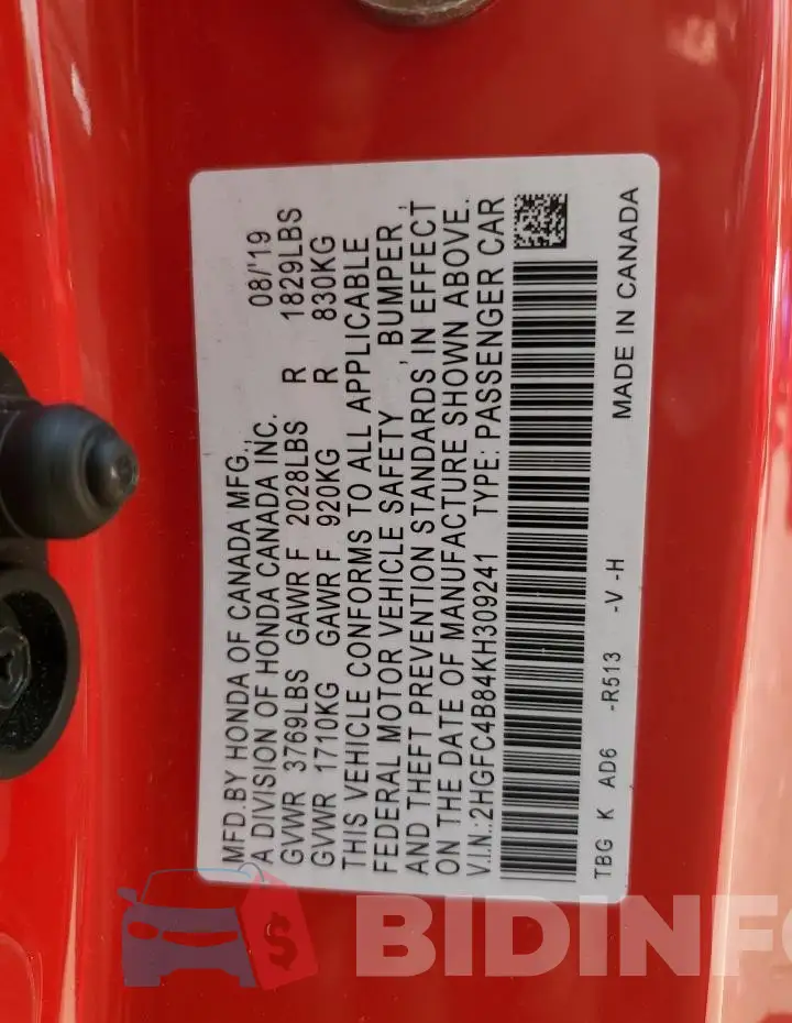 2HGFC4B84KH309241 Photo# 12