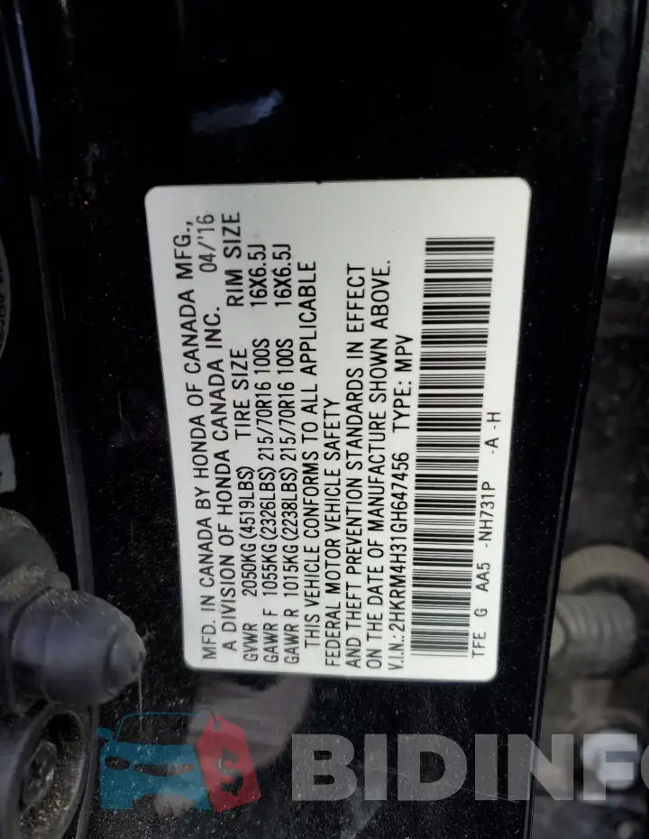 2HKRM4H31GH647456 Photo# 12