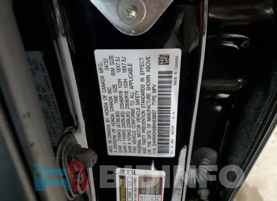 2HKRW2H58NH638007 Photo# 13