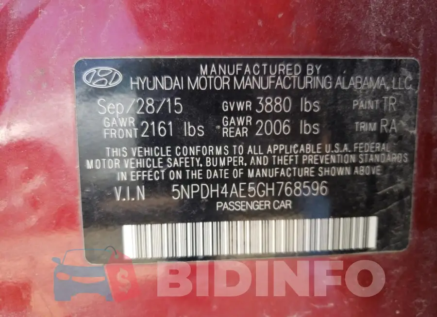 5NPDH4AE5GH768596 Photo# 12
