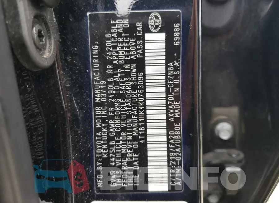 4T1B11HK4KU763096 Photo# 12