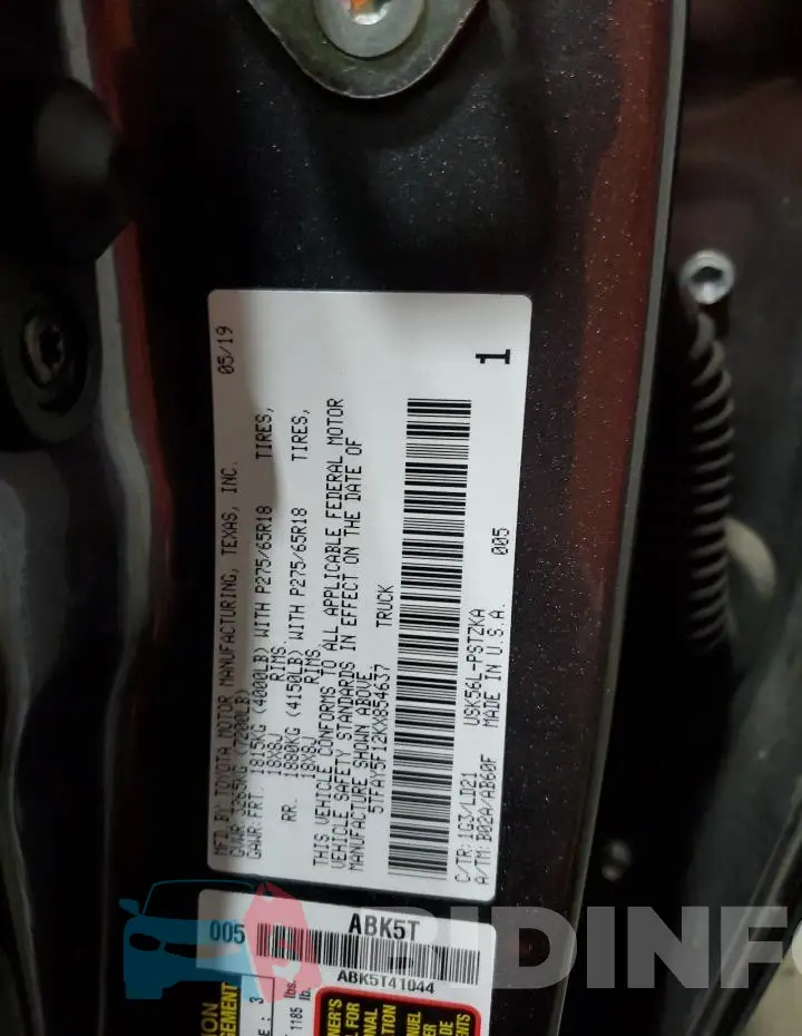 5TFAY5F12KX854637 Photo# 12