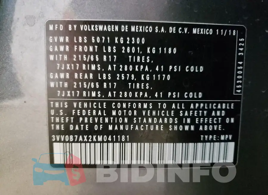 3VV0B7AX2KM041181 Photo# 13