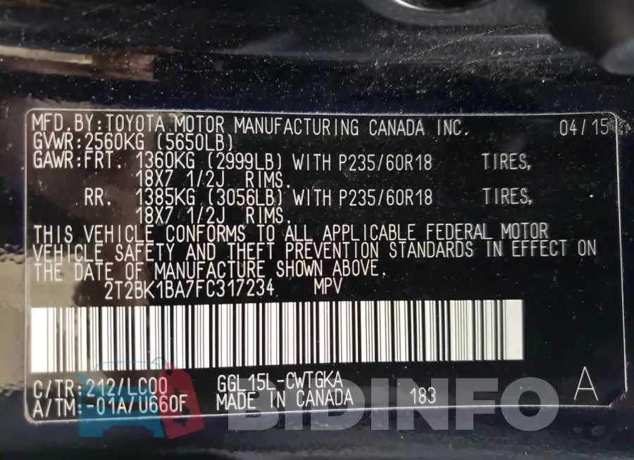 2T2BK1BA7FC317234 Photo# 14