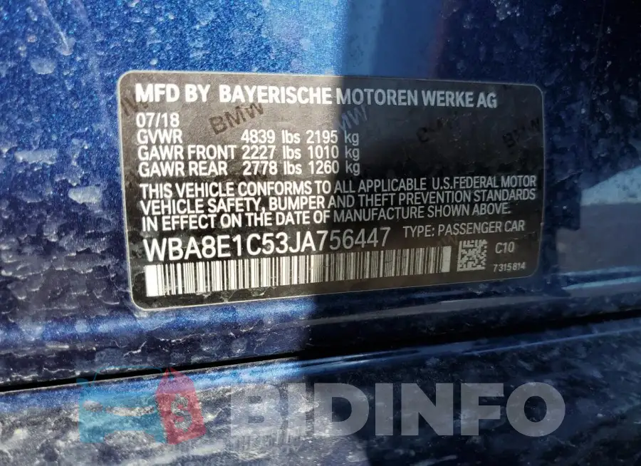 WBA8E1C53JA756447 Photo# 12
