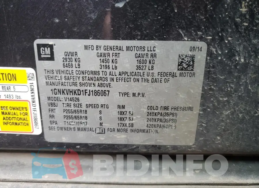 1GNKVHKD1FJ186067 Photo# 13