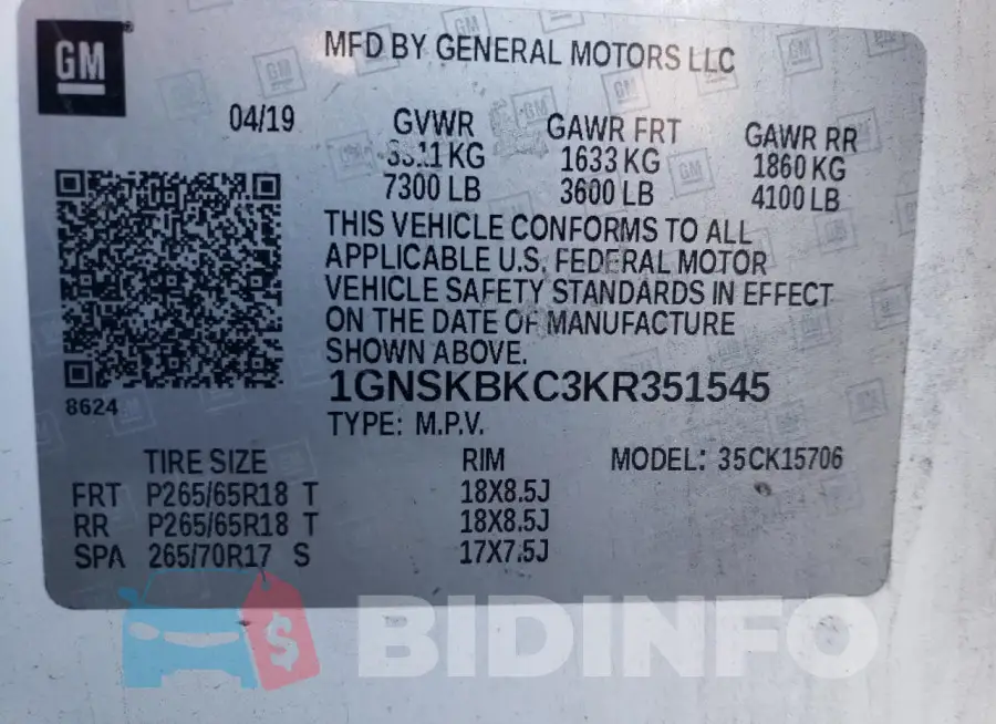 1GNSKBKC3KR351545 Photo# 13