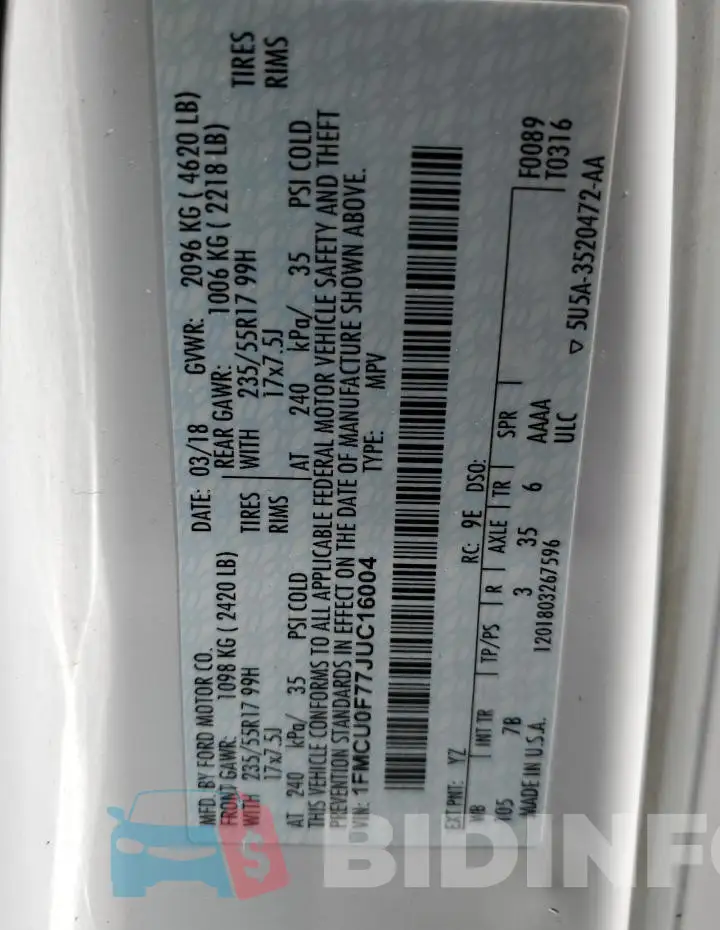1FMCU0F77JUC16004 Photo# 12