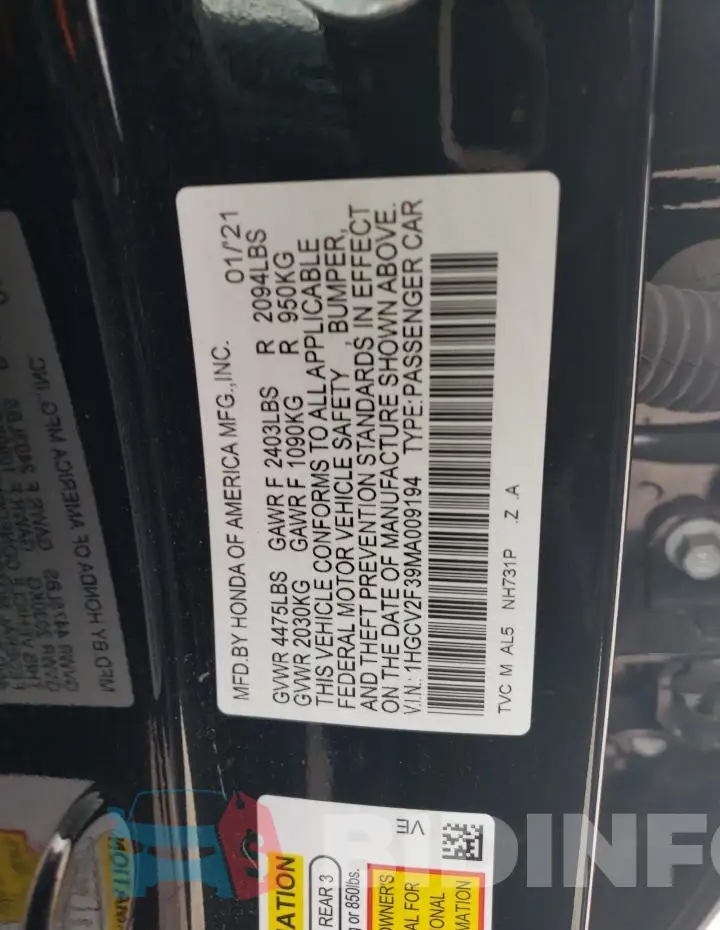 1HGCV2F39MA009194 Photo# 12