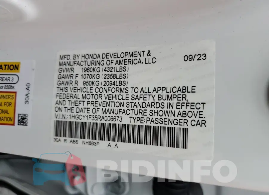 1HGCY1F35RA006673 Photo# 13