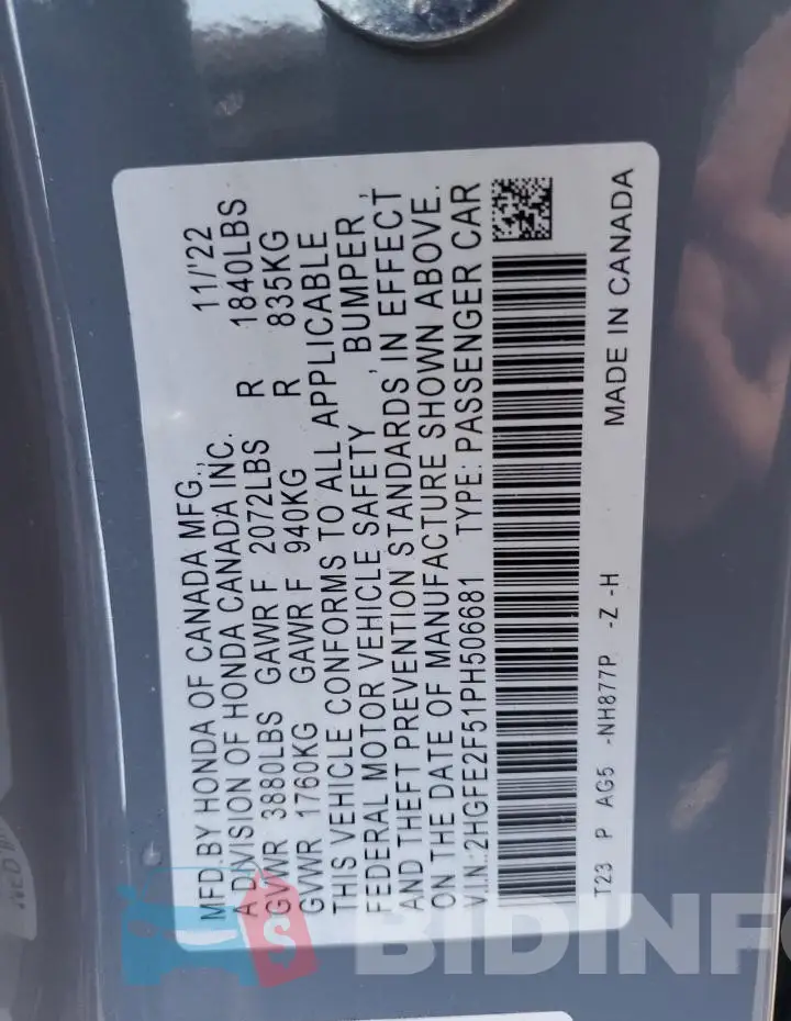 2HGFE2F51PH506681 Photo# 13