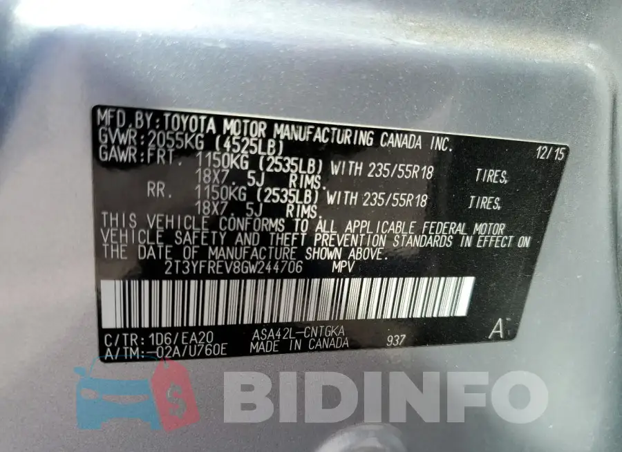 2T3YFREV8GW244706 Photo# 13
