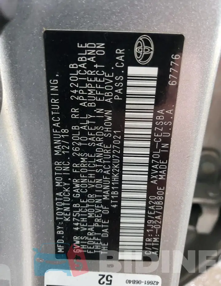 4T1B11HK2KU727021 Photo# 12