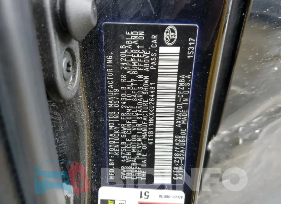 4T1B11HKXKU264481 Photo# 12
