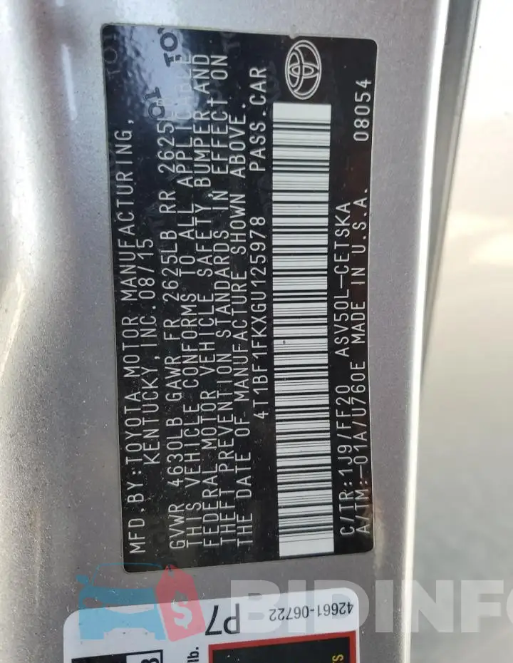 4T1BF1FKXGU125978 Photo# 12