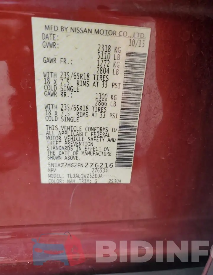 5N1AZ2MG2FN276216 Photo# 12