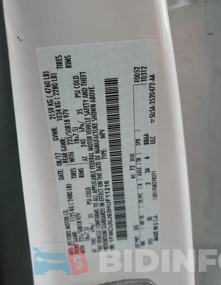 1FMCU0J93HUF11216 Photo# 13