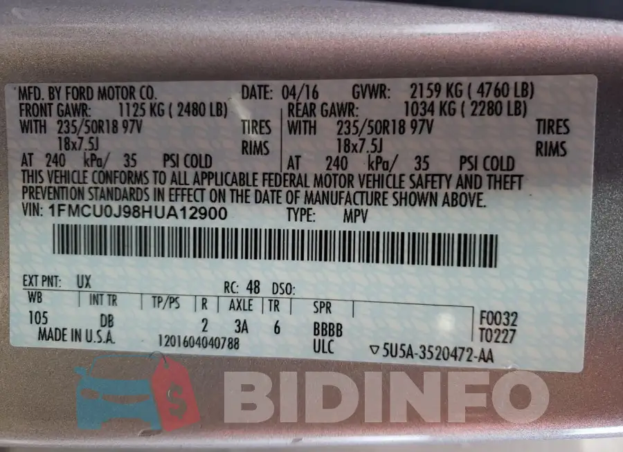1FMCU0J98HUA12900 Photo# 12