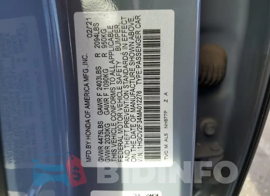 1HGCV2F34MA012276 Photo# 12