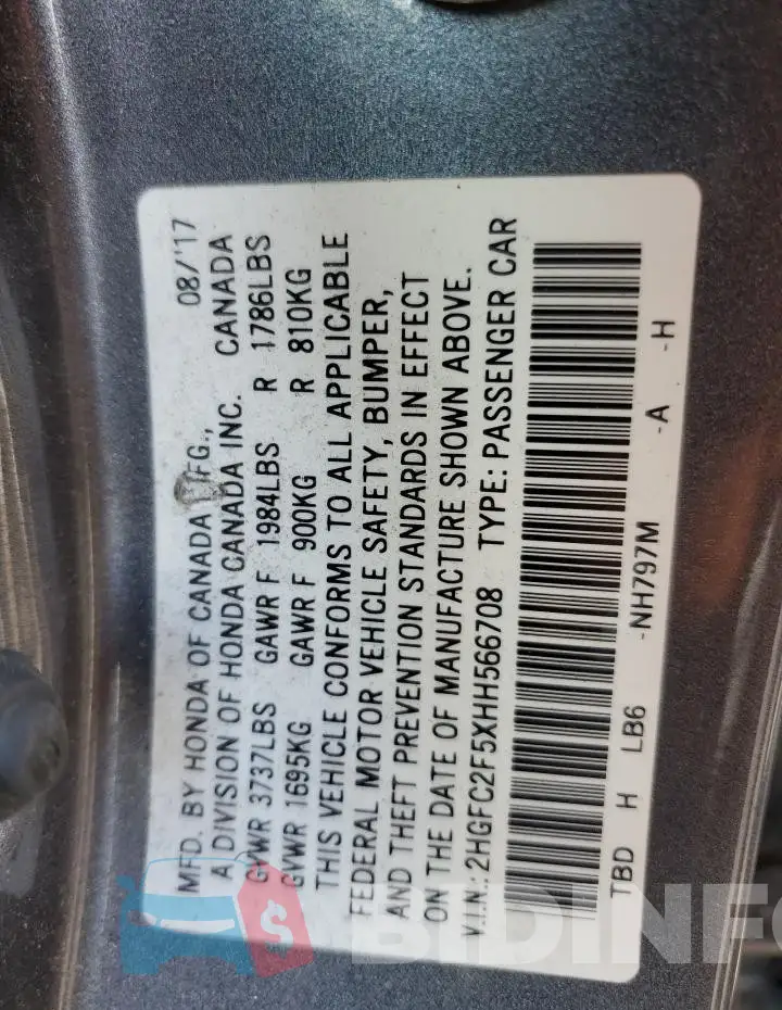 2HGFC2F5XHH566708 Photo# 12