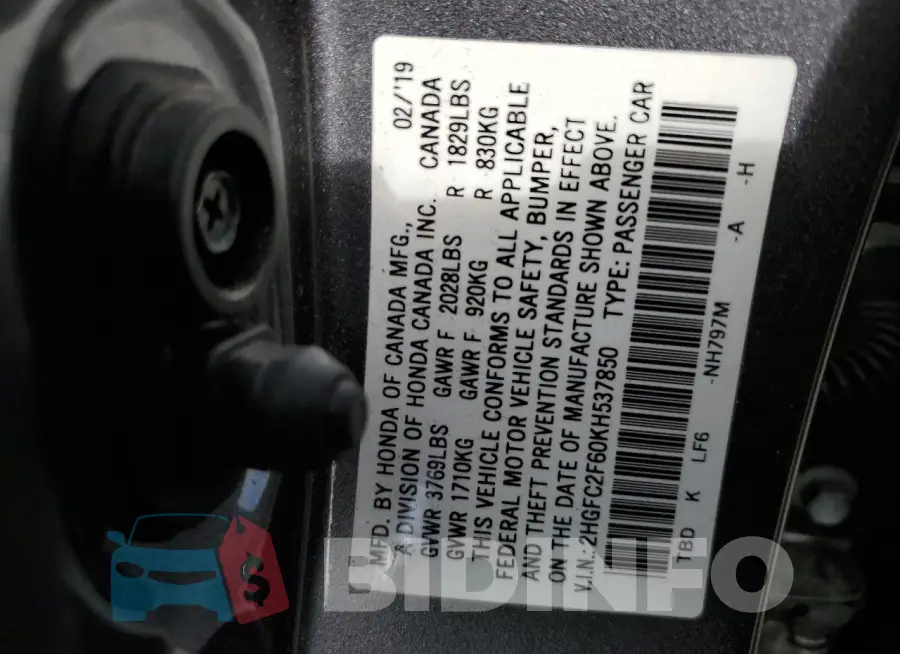 2HGFC2F60KH537850 Photo# 12