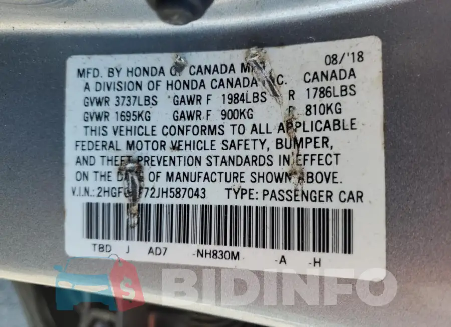 2HGFC2F72JH587043 Photo# 12