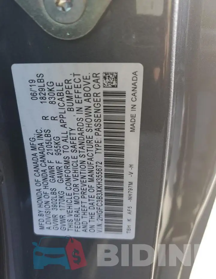 2HGFC3B3XKH355672 Photo# 12