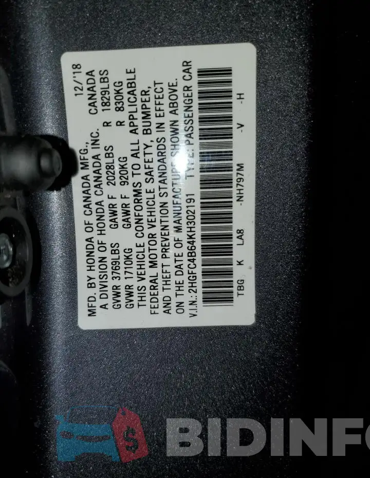 2HGFC4B64KH302191 Photo# 12