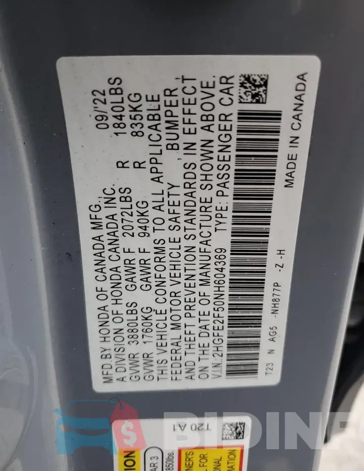 2HGFE2F50NH604369 Photo# 12
