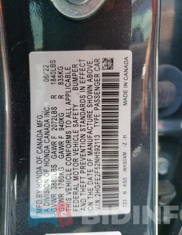 2HGFE2F52NH592113 Photo# 12