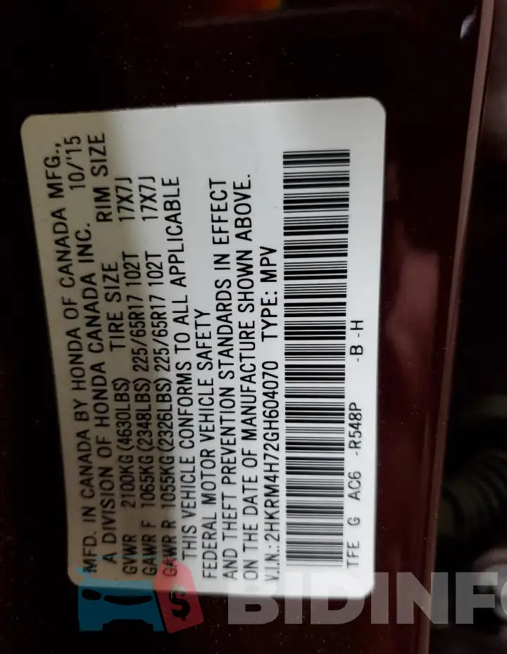 2HKRM4H72GH604070 Photo# 13