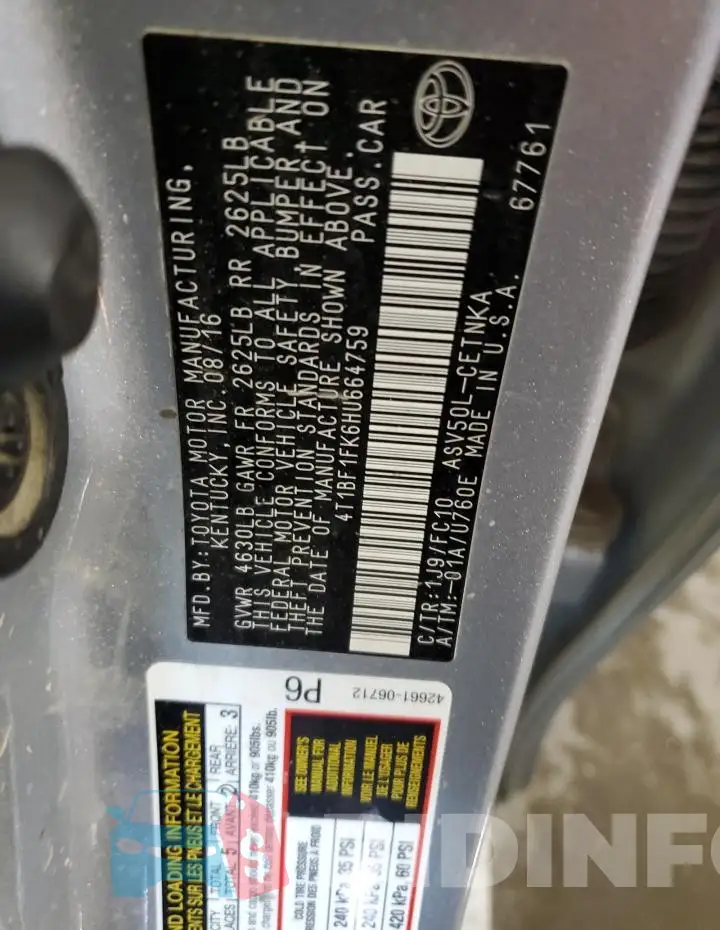 4T1BF1FK6HU664759 Photo# 12