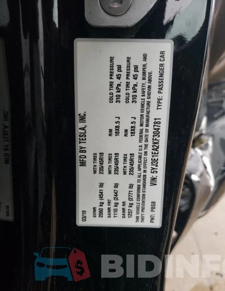 5YJ3E1EA2KF304781 Photo# 13