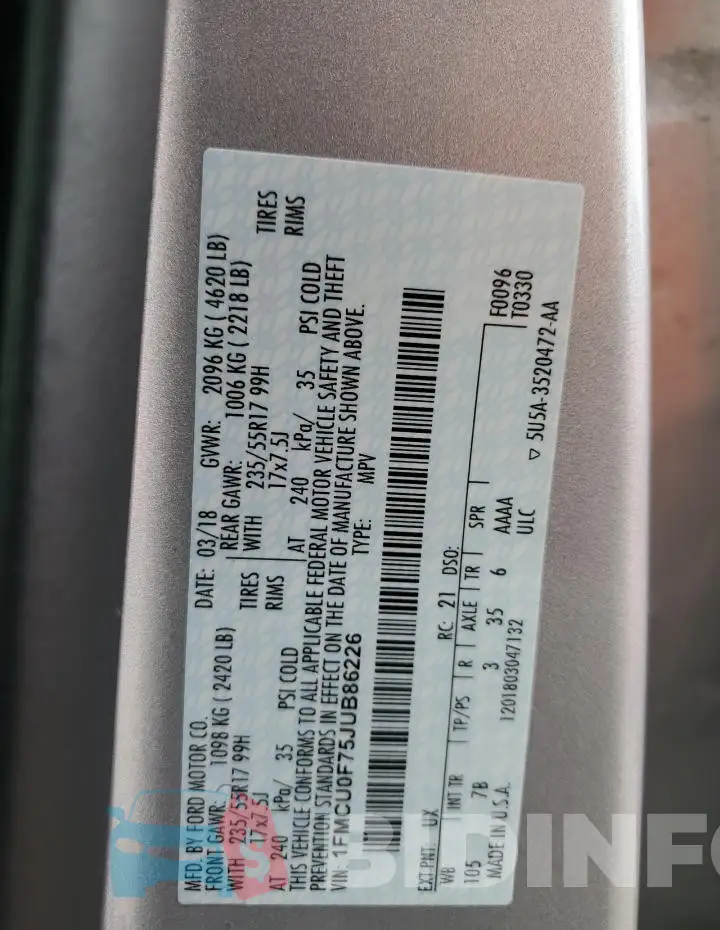 1FMCU0F75JUB86226 Photo# 12
