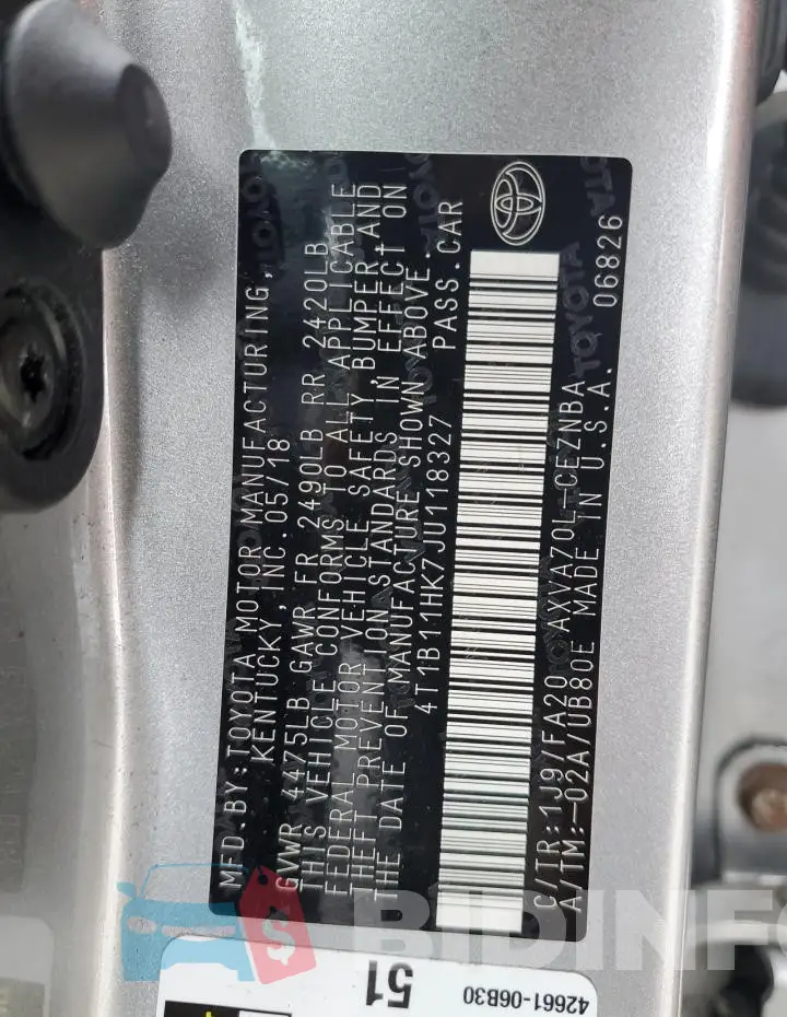 4T1B11HK7JU118327 Photo# 13