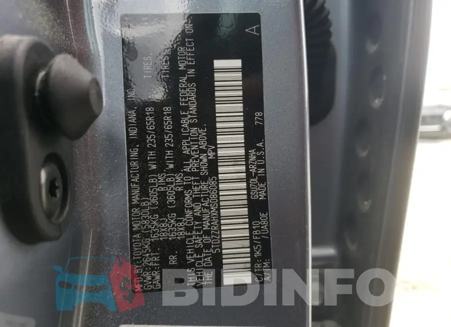 5TDZZRAHXMS086085 Photo# 13