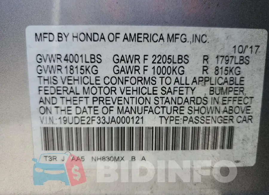 19UDE2F33JA000121 Photo# 13
