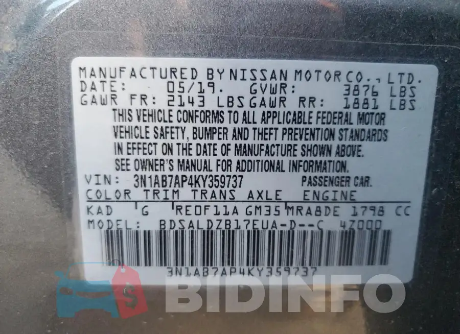 3N1AB7AP4KY359737 Photo# 12