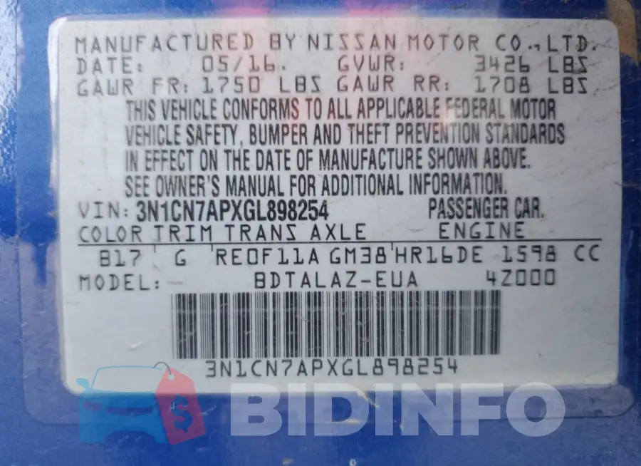 3N1CN7APXGL898254 Photo# 12